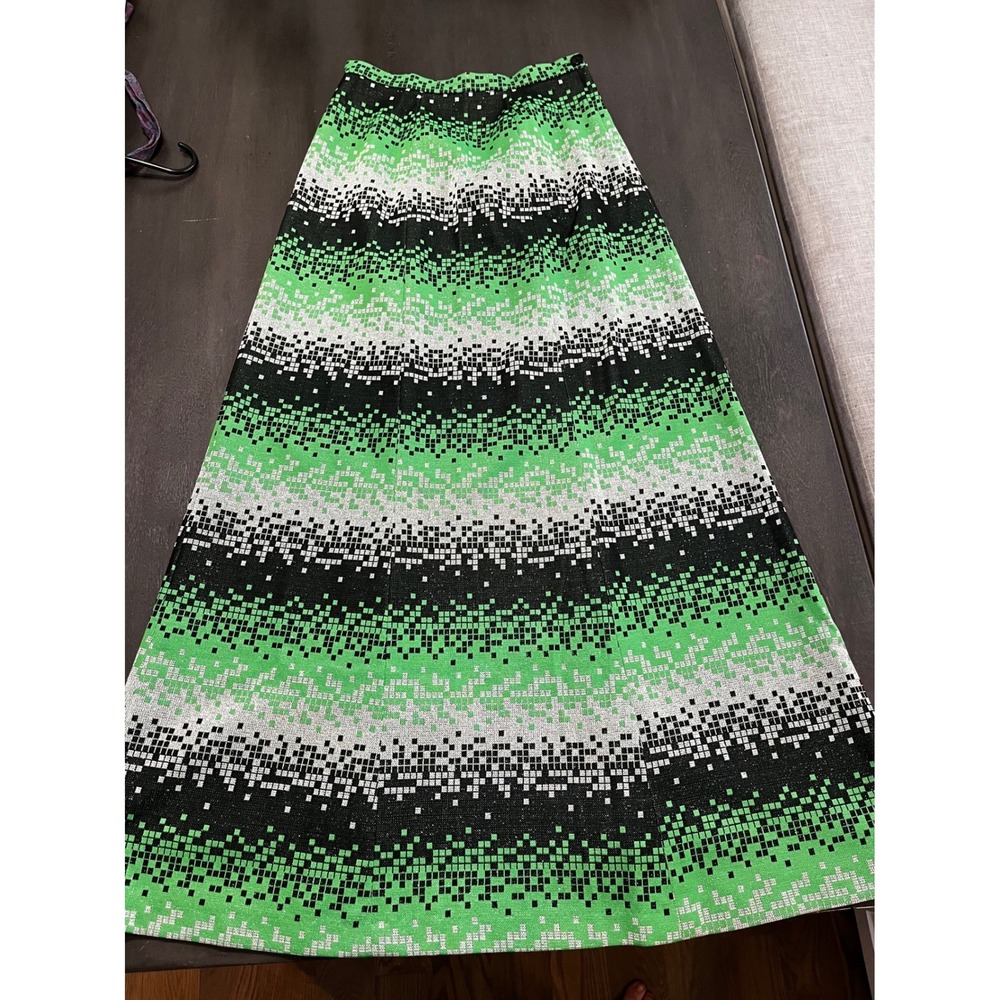 Retro Geometric Print Maxi Skirt Sparkle‎ Green Black White A-Line Vintage SZ 16